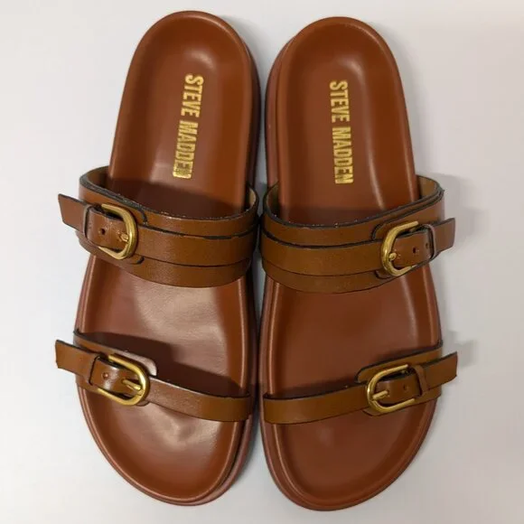 Steve Madden Zina Leather Double Strap and Buckle Sandals in Brown & Gold - Picture 8 of 12
